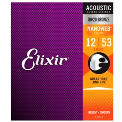 Elixir 11052 80/20 Bronze Light (.012-.053) Acoustic Guitar Strings With Nanoweb Coating