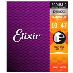 Elixir 11152 80/20 Bronze Light (.010 - .047) 12-String Acoustic Guitar Strings with Nanoweb Coating